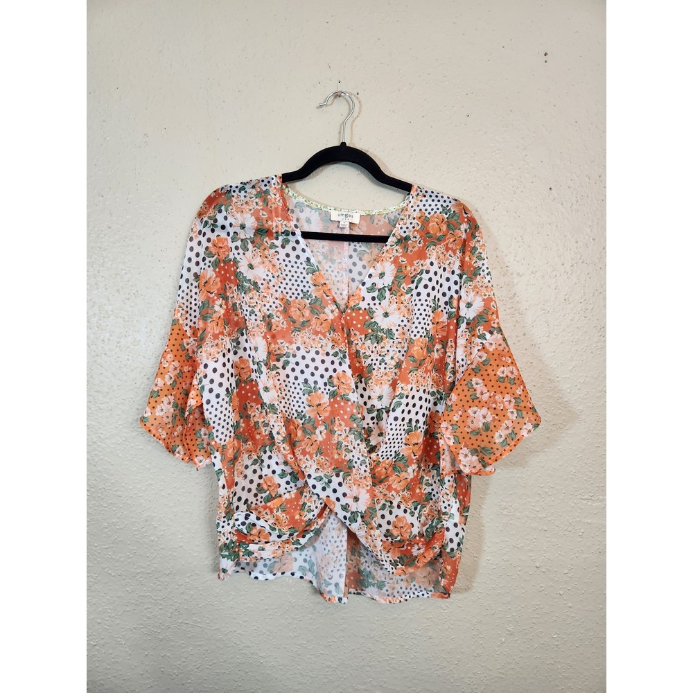 Umgee Women's Multicolor Floral V-Neck Short Sleeve Blouse Top Size Small